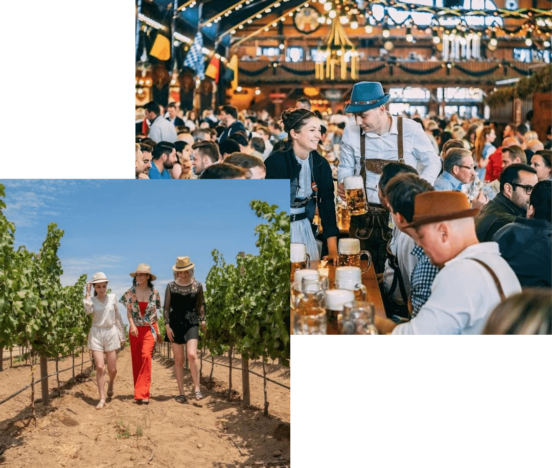 Coupe enjoying a German style beer hall full of people and a group of three women walking down rows of grapes vines in Napa Valley.